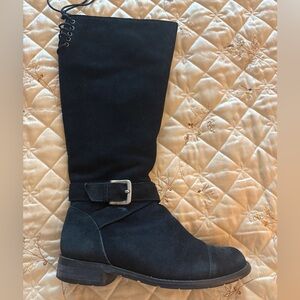 Chic Black Italian Suede Knee High Women's Boots Sheep Fur Lined FullZip Sz 39EU